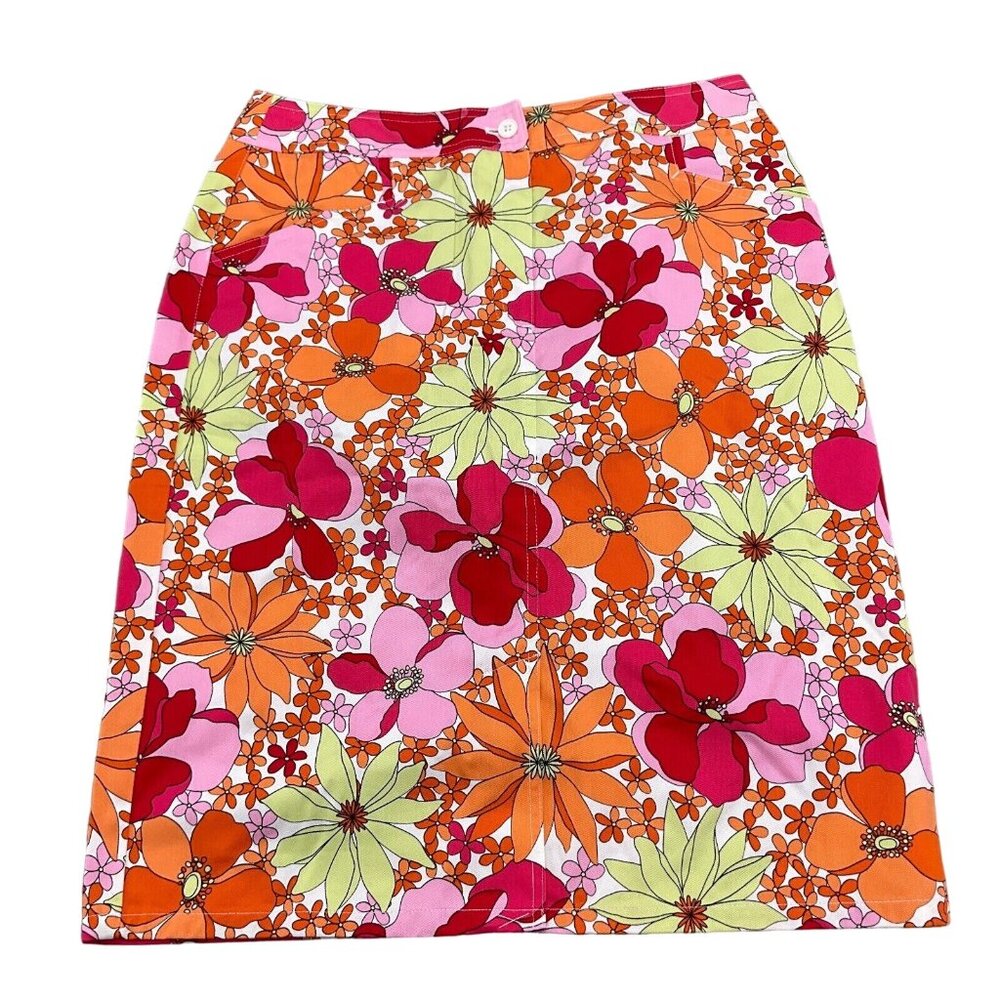 Talbots Skirt Women 8 Pink Orange Floral A-Line Bohoβ Tropical Tencel Cotton